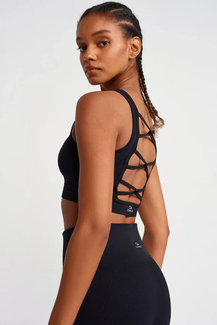 Come up Herringbone Patterned Cross Strap Sports Bra Black come up