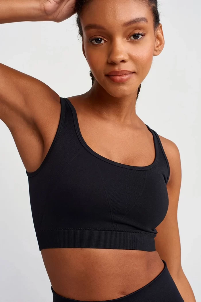 Herringbone Patterned Cross Strap Sports Bra Black