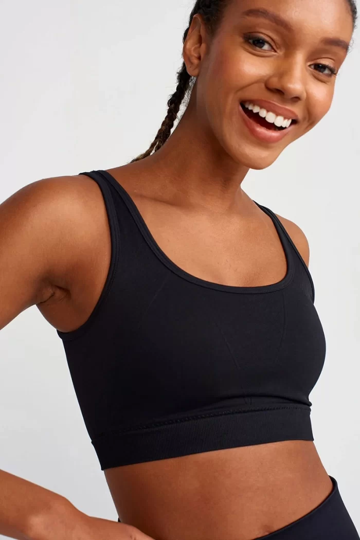 Come up Herringbone Patterned Cross Strap Sports Bra Black come up