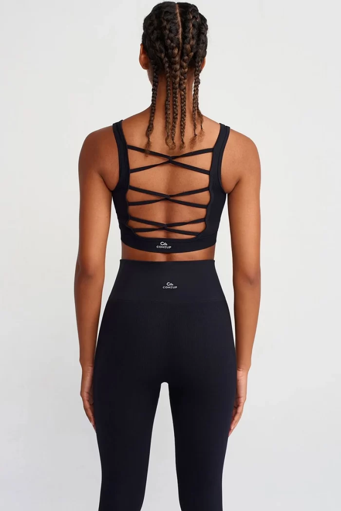 Herringbone Patterned Cross Strap Sports Bra Black