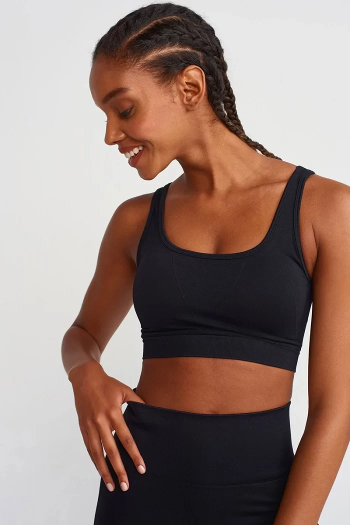 Come up Herringbone Patterned Cross Strap Sports Bra Black come up