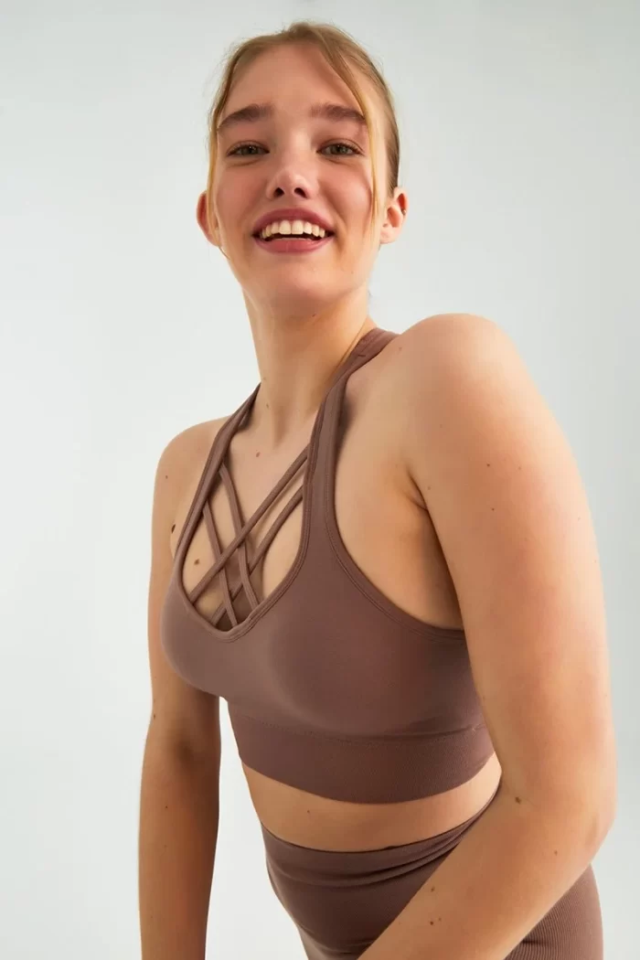 Piping Detailed Sports Bra Milky Coffee