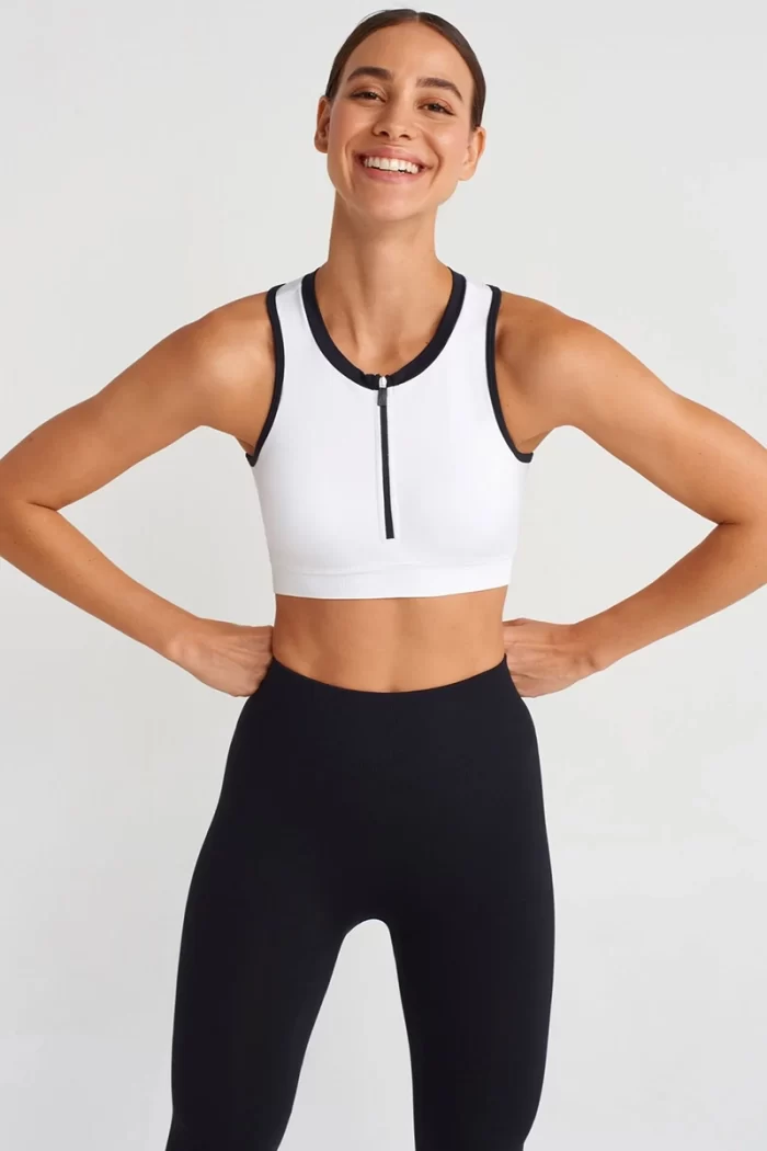 Come up Zippered Sports Bra Stone Color Black Piping sportmaze