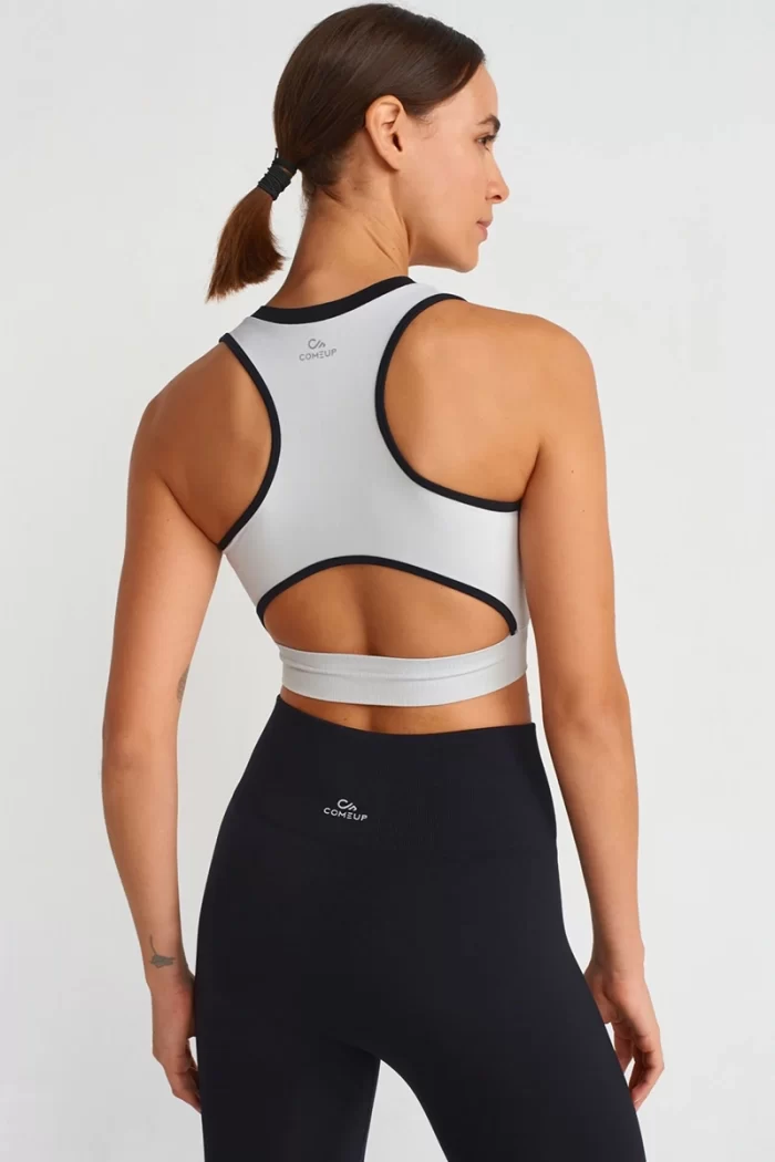 Zippered Sports Bra Stone Color Black Piping