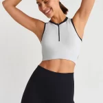 Zippered Sports Bra Stone Color Black Piping