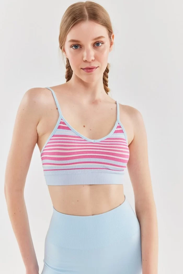 Colorful Striped Sports Bra Light Blue Candy Pink