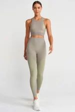 Fine Ribbed Graphic Detailed Leggings Mahlep Powder Green