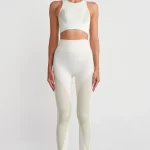 Thin Ribbed Graphic Detailed Leggings Beige Green